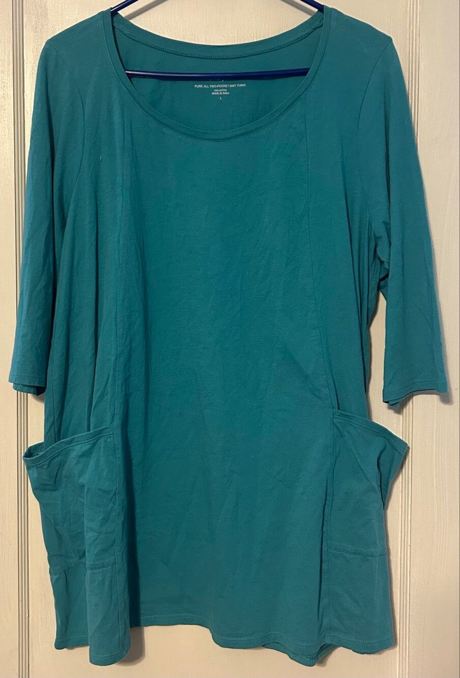 Pure Jill Women's 3/4 Sleeve Shirt Size Large Two Pocket Knit Tunic Cotton Blue